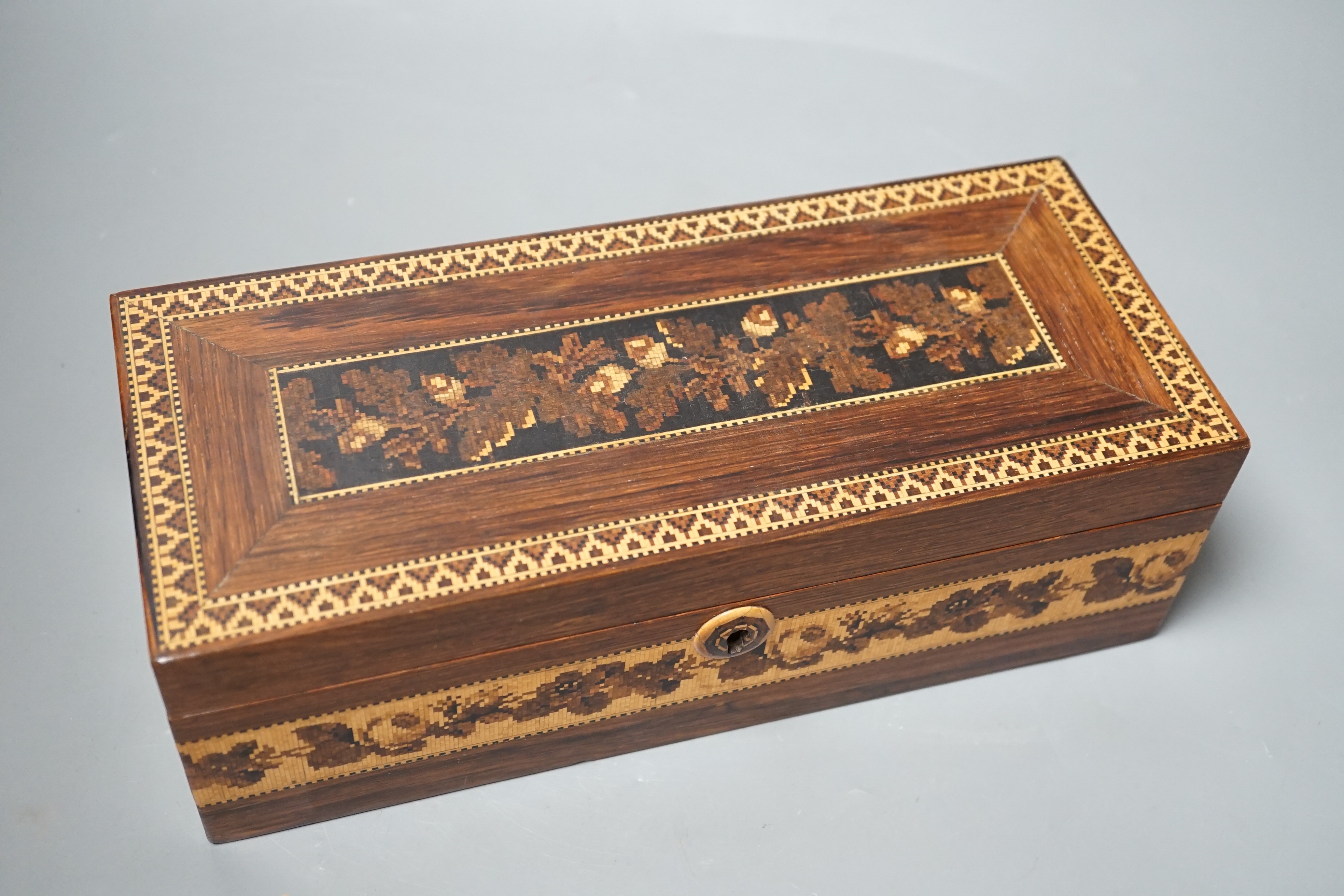 A Tunbridge ware rosewood mosaic glove box, with stickware escutcheon 26.5cm wide